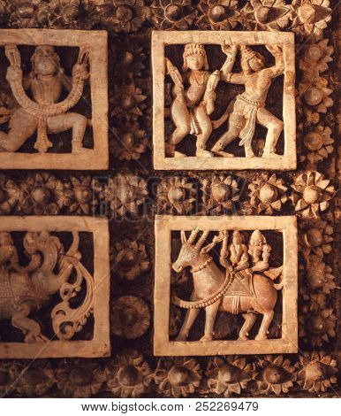 Horses And Ancient People In Dance, Design On Ceiling Of 12th Century Historical Stone Hindu Temple,