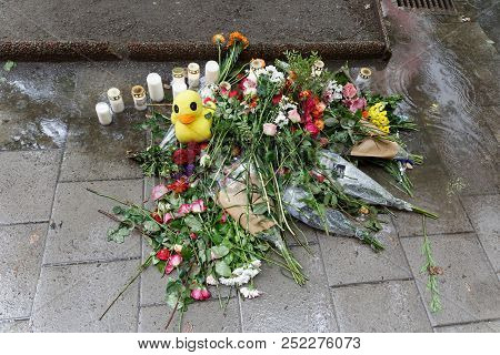 Stockholm, Sweden - Aug 05, 2018: People Placing Flowers In A Ceremony To Pay Respect To A 20 Year O