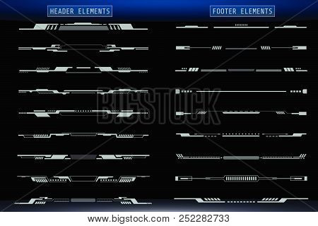Hud Futuristic Header And Footer Elements Set For Ui Inforgraphic Vector. Gray Abstract Future Cyber