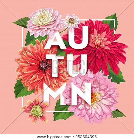Hello Autumn Floral Design. Seasonal Fall Floral Background For Web Banner, Poster, Leaflet, Sale, P