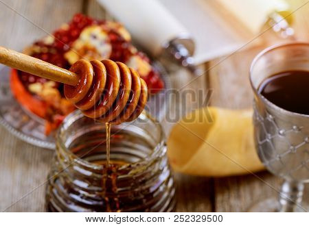 Jewish Holiday Rosh Hashanah Jewish New Year Holiday Concept. Traditional Symbols