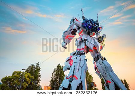 Tokyo, Japan - April 20 2018: Full-size Mobile Suit  Rx-0 Unicorn Gundam Replica From The Mobile Sui