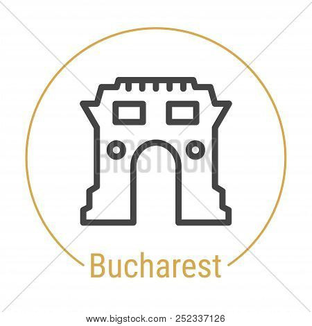 Bucharest, Romania Vector Line Icon With Gold Circle Isolated On White. Landmark - Emblem - Print - 
