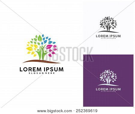 Trees With People Logo Design Template, Movement Logo Design Vector