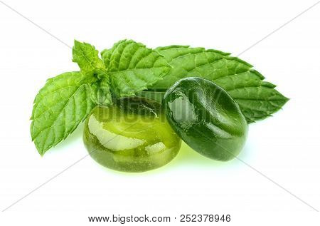 Mint Candy With Leaf Mint Isolated On White Background.