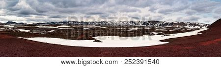 Panoramic View Of Caldera Field With Snow In Askja Volcano Crater In Iceland