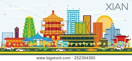 Xian China Skyline with Color Buildings and Blue Sky. Business Travel and Tourism Concept with Historic Architecture. Xian Cityscape with Landmarks.