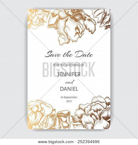 Vector Illustration Sketch - Card With Flowers Chrysanthemum, Peony. Wedding Invitation With Flower.