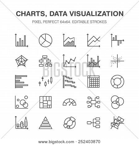 Chart Types Flat Line Icons. Linear Graph, Column, Pie Diagram, Financial Report Vector Illustration