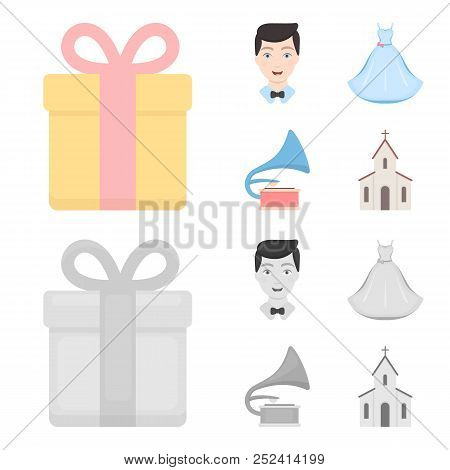 Wedding Dress, Groom, Gramophone, Church. Wedding Set Collection Icons In Cartoon, Monochrome Style 
