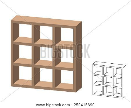Empty Bookcase. Isolated On White Background. 3d Vector Illustration. Dimetric Projection.