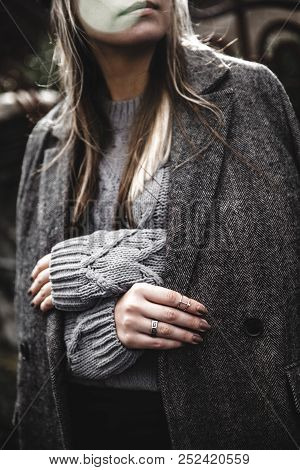 Streetstyle Portrait Of Young Woman Wearing Colorful Knitted Clothes On The Street. Outdoor, Street,