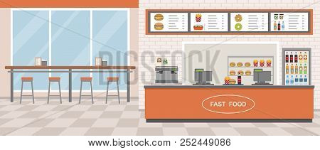 Fast Food Restaurant Interior. Vector Illustration. Flat Design.