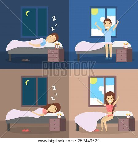 Set Of Woman And Man Sleeping In The Bed And Waking Up