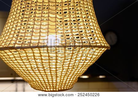 Rattan Weave Close-up. The Green Fabric Lampshade At The Magazine. Colorful, Decorative, Electrical,