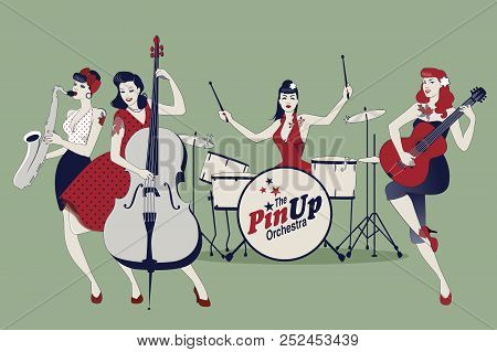 Pinup Girls Band. Four Beautiful And Tattooed Pinup Girls Playing Music. Vector Illustration
