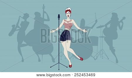 Beautiful And Tattooed Pin-up Girl Singing With Ladies Band In The Background