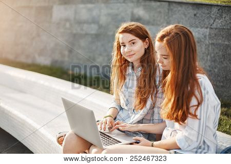 Twins Starting Business Project. Portrait Of Relaxed And Cute Female Stundents With Ginger Hair And 