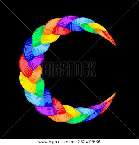 Colorful Pigtail Curly Wavy. Rainbow Moon Symbol.