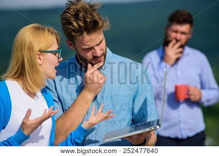 Colleagues With Laptop Work Outdoor Sunny Day, Nature Background. Couple Works Despite Of Coffee Bre