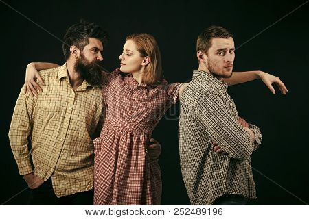 Love Triangle Concept. Relations, Communication, Friendship, Love, Betrayal. Men, Woman On Pensive F