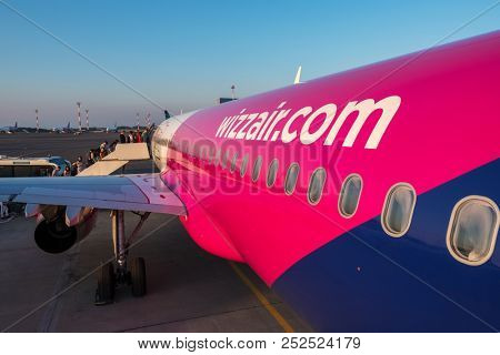 Warsaw, Poland - May 29, 2018: Wizzair plane in airport. Wizz air logo close up