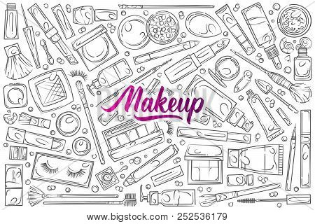 Hand Drawn Make Up Supplies Doodle Vector Set.