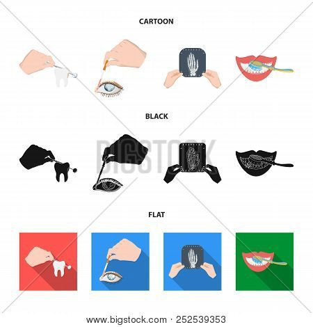 Examination Of The Tooth, Instillation Of The Eye And Other Web Icon In Cartoon, Black, Flat Style. 
