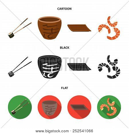 Sticks, Shrimp, Substrate, Bowl.sushi Set Collection Icons In Cartoon, Black, Flat Style Vector Symb