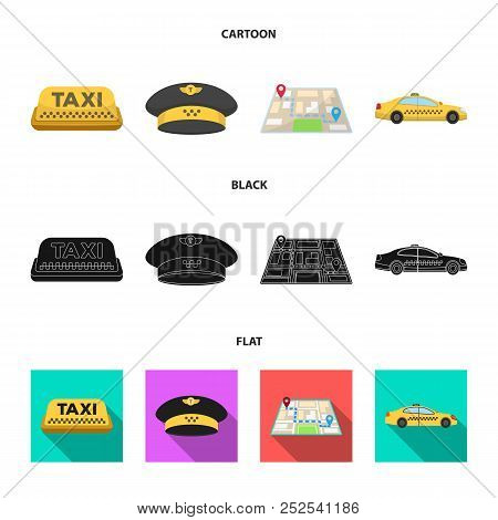 Yellow Taxi Inscription, A Cap With A Taxi Badge, A Map With A Mark, A Car With Checkers. Taxi Set C