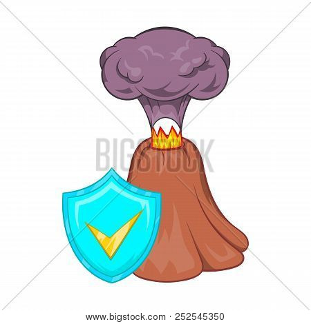 Volcano Erruption And Sky Blue Shield With Tick Icon In Cartoon Style On A White Background