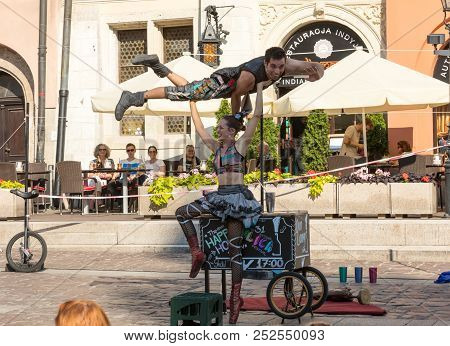 Cracow, Poland - July 5, 2018: Performance Of The Happy Hour Show Performed By Duo Looky From Israel