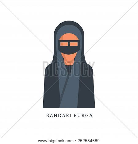 Woman In Muslim Bandari Burga Headdress, Female Avatar In Traditional Islamic Clothing Vector Illust