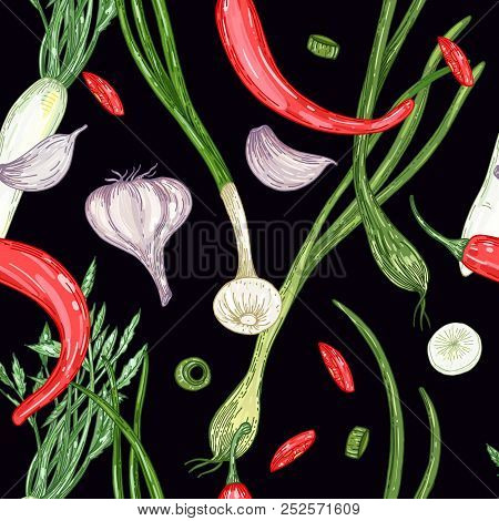 Vegetable Vector Seamless Pattern On Black Background. Probiotic Product. Ingredients For Cooking. D