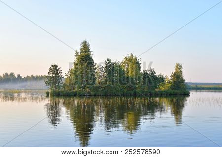 Small Island In Lake Sestroretsky Razliv At Sunset, Russia.