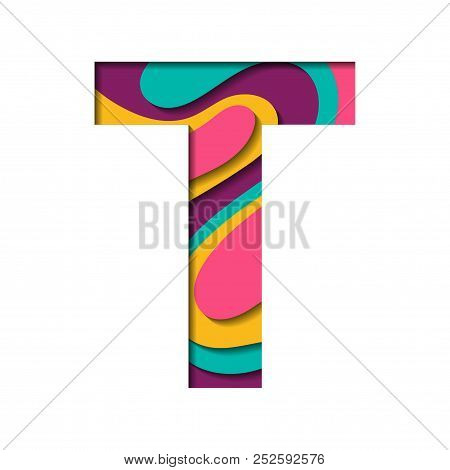 Paper Cut Letter T. Realistic 3d Multi Layers Papercut Effect Isolated On White Background. Colorful