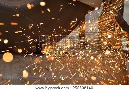 Blur Bokeh From Spark Stream When Steel Cutter Machine Cutting Iron Pipe, Sparkle Light, Sparkle Str