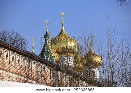 Domes Of The Trinity Cathedral Of The Ipatiev Monastery With Orthodox Crosses And Glitter Of Gold