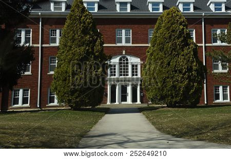 Lincoln Hall Front Entrance Red Brick Dormitory Building, Bluffton University, Bluffton, Oh April 12