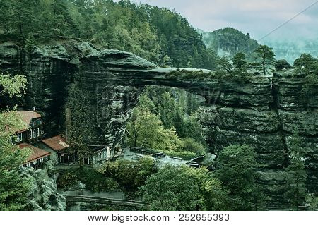 Pravcicka Gate (the Biggest Natural Arch In Europe), Czech-saxon Switzerland, Czech Republic. Misty 