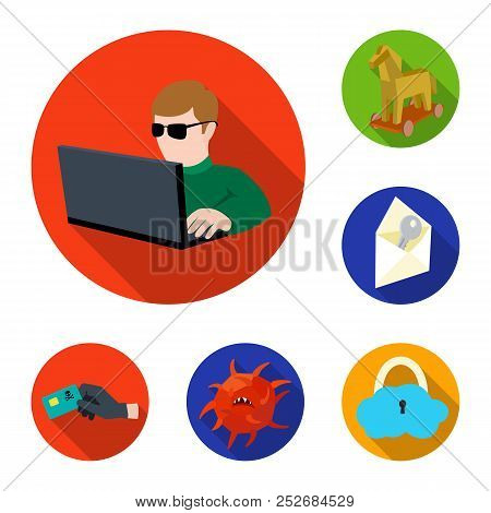 Hacker And Hacking Flat Icons In Set Collection For Design. Hacker And Equipment Vector Symbol Stock