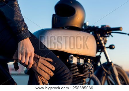 Sexy Biker Young Woman In Black Trendy Leather Jacket Sit On Vintage Custom Made Caferacer Motorcycl