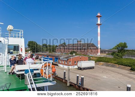 Borkum, Germany - July 25, 2018: Ferry Arriving At The Harbor Terminal Of Borkum, Germany