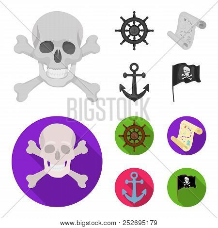 Pirate, Bandit, Rudder, Flag .pirates Set Collection Icons In Monochrome, Flat Style Vector Symbol S