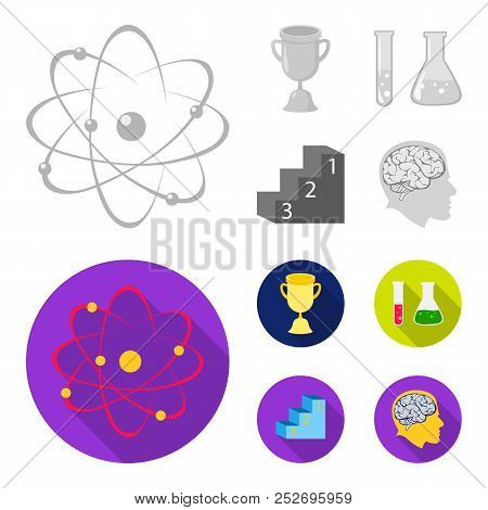 A Cup, Test Tubes With A Reagent, A Pedestal, A Man Head With A Brain. School Set Collection Icons I
