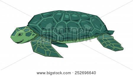 Big Green Sea Turtle, Fantasy Flat Earth Concept. Flat Vector Illustration. Colored Cartoon Style, I