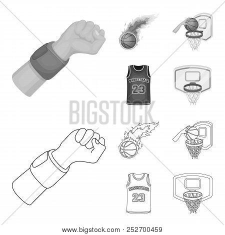 Basketball And Attributes Outline, Monochrome Icons In Set Collection For Design.basketball Player A