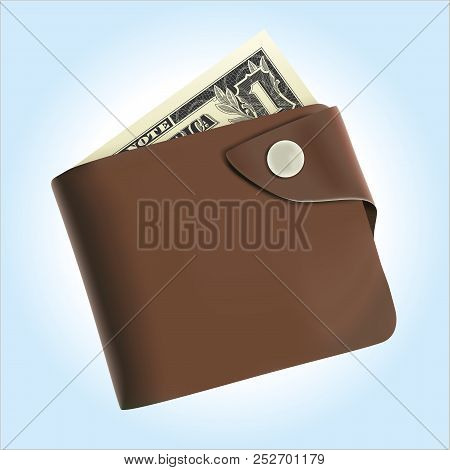 Vector Brown Purse Wallet With One Dollar On Blue Background.