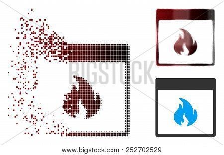Vector Fire Calendar Page Icon In Dispersed, Pixelated Halftone And Undamaged Entire Variants. Disap