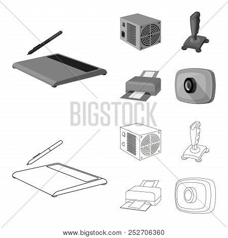 Power Unit, Dzhostik And Other Equipment. Personal Computer Set Collection Icons In Outline, Monochr